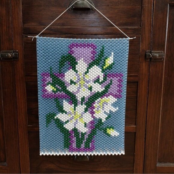 Handmade Beaded Artwork Cross Lily Floral Wall Hanging/Suncatcher Easter Decor - Picture 1 of 7